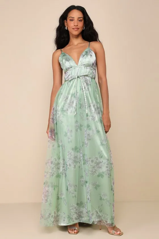 Delightful Invitation Green Floral Tulle Sleeveless Maxi Dress sold by Lulus
