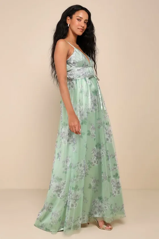 Delightful Invitation Green Floral Tulle Sleeveless Maxi Dress sold by Lulus product image thumbnail 4
