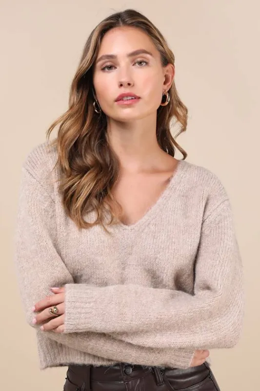 Coquette Cozy Heather Taupe Long Sleeve Bow Pullover Sweater sold by Lulus