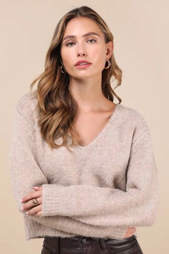 Coquette Cozy Heather Taupe Long Sleeve Bow Pullover Sweater sold by Lulus