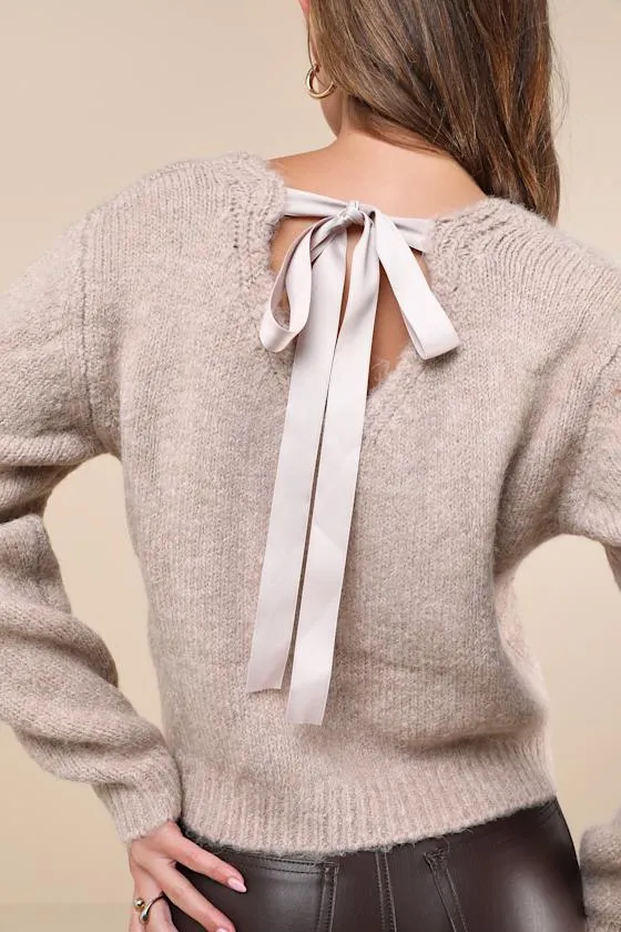 Coquette Cozy Heather Taupe Long Sleeve Bow Pullover Sweater sold by Lulus product image thumbnail 4