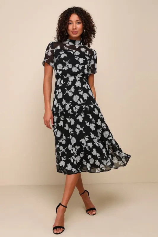 Floral Dressed Up Black Floral Print Midi Dress sold by Lulus