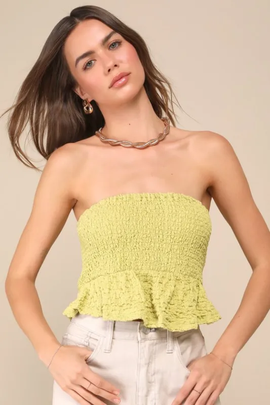 Cute Flirt Light Green Textured Smocked Strapless Top sold by Lulus