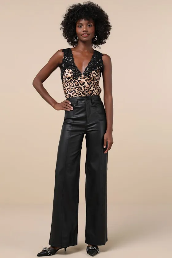 Far Out Vegan Black Vegan Leather High-Rise Wide-Leg Pants sold by Lulus