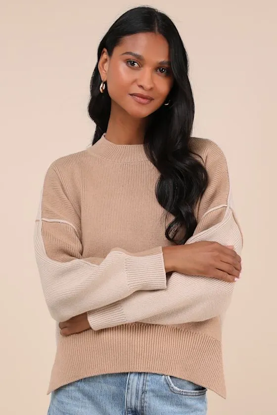 Seasonally Stylish Tan and Beige Color Block Pullover Sweater sold by Lulus