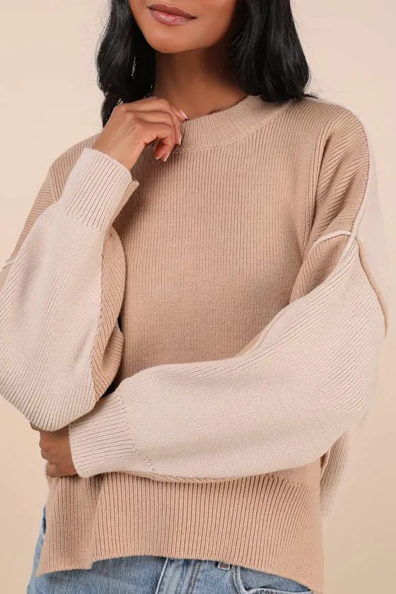 Seasonally Stylish Tan and Beige Color Block Pullover Sweater sold by Lulus product image thumbnail 4