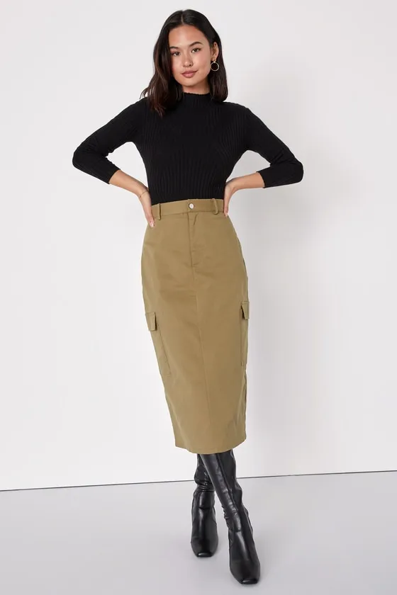 Stylish Expression Olive Green Utility Midi Skirt sold by Lulus