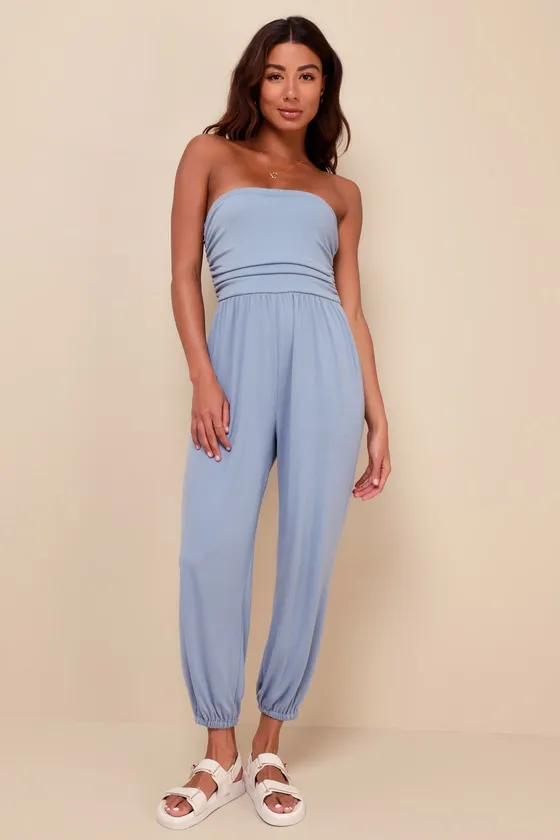 Flawless Comfort Light Blue Ruched Strapless Jogger Jumpsuit sold by Lulus