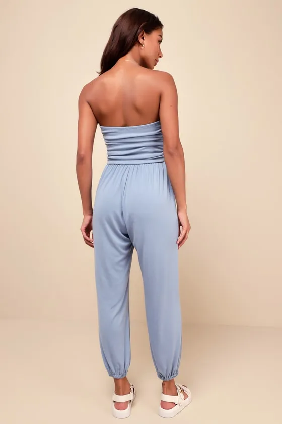 Flawless Comfort Light Blue Ruched Strapless Jogger Jumpsuit sold by Lulus product image thumbnail 3