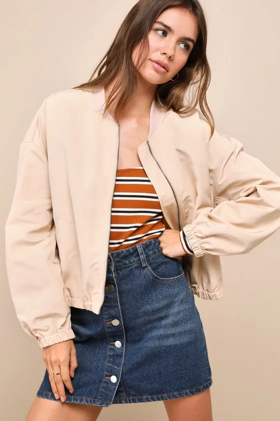 Cool Perfection Beige Bomber Jacket sold by Lulus