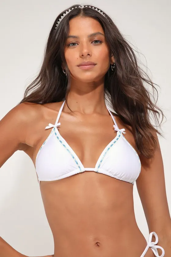Love Me White Lace Bow Triangle Bikini Top sold by Lulus