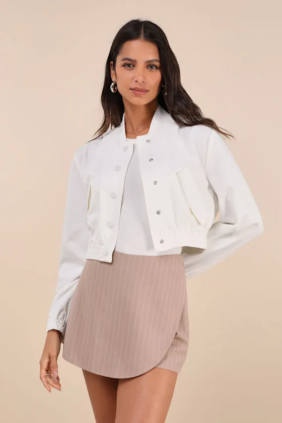 Cultivated Coolness White Twill Cropped Bomber Jacket sold by Lulus