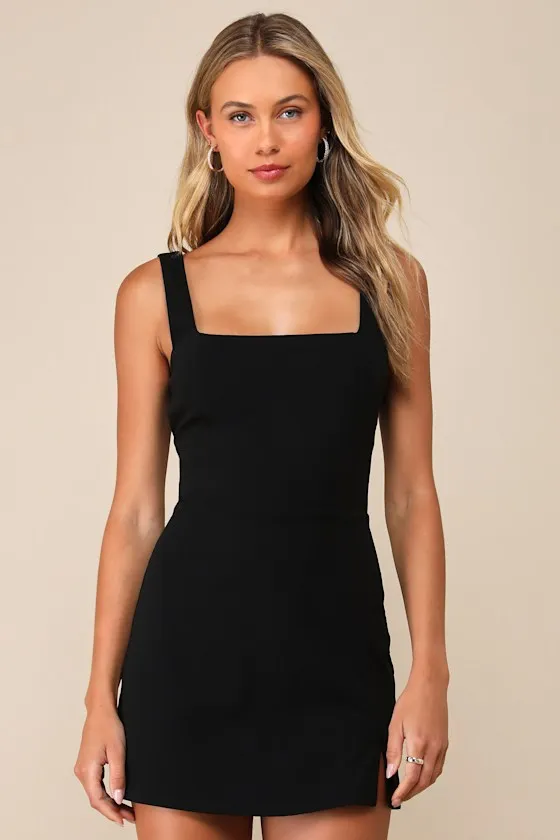 Admiring Cutie Black Square Neck Cutout Twist-Back Skort Romper sold by Lulus