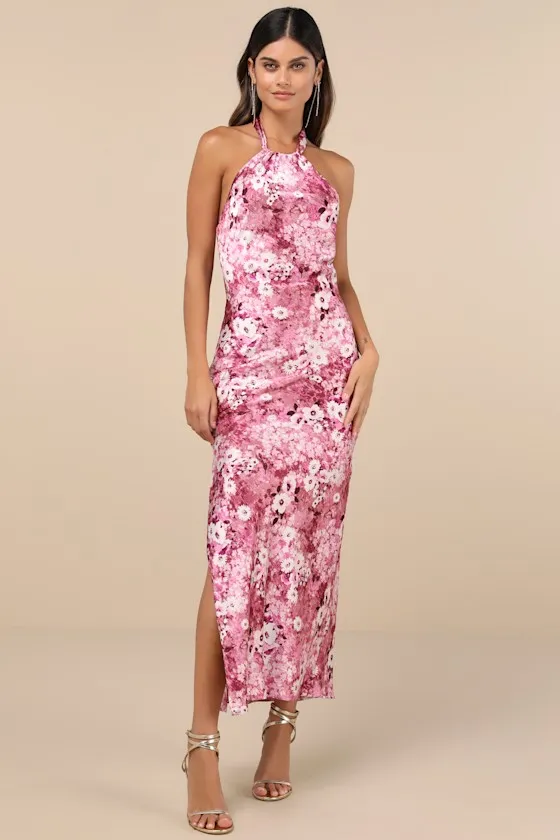 Glowing Presence Mauve Floral Satin Halter Maxi Dress sold by Lulus