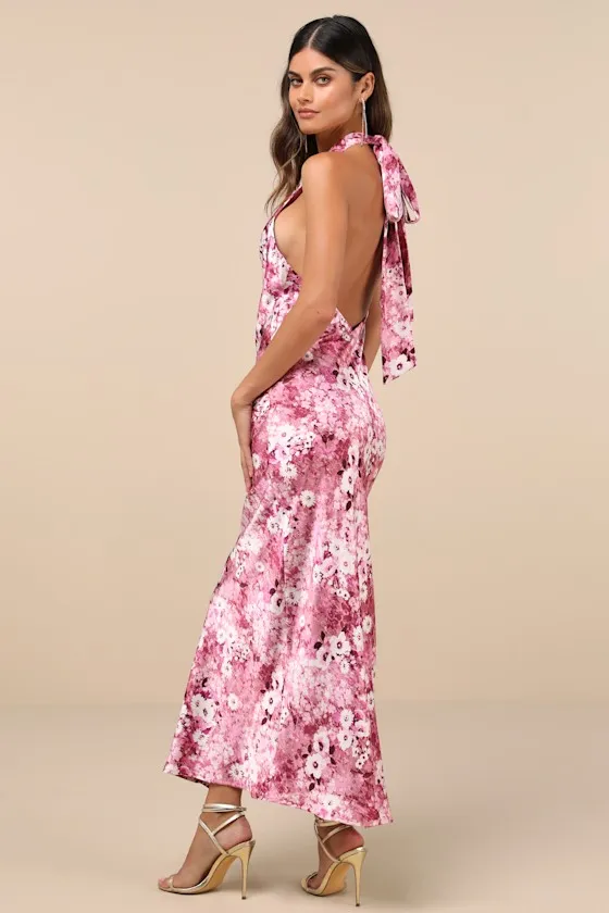 Glowing Presence Mauve Floral Satin Halter Maxi Dress sold by Lulus product image thumbnail 2