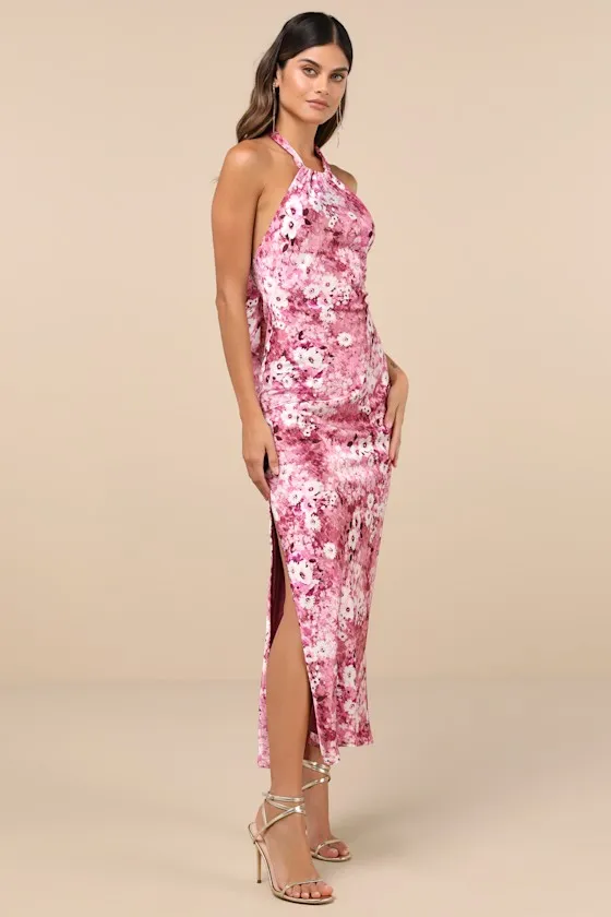 Glowing Presence Mauve Floral Satin Halter Maxi Dress sold by Lulus product image thumbnail 4