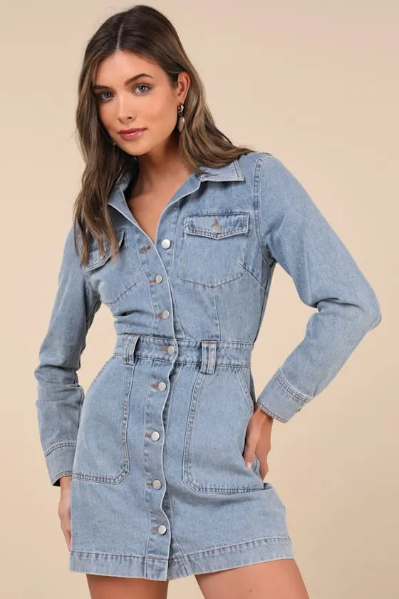 Notoriously Cool Light Wash Long Sleeve Denim Mini Dress sold by Lulus