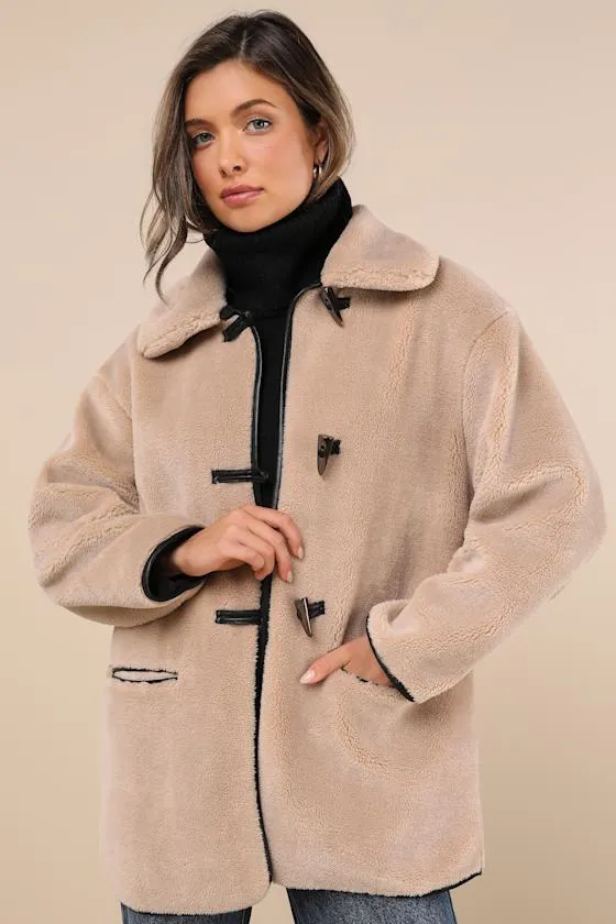 Coziest Forecast Beige Shearling Collared Toggle Coat sold by Lulus