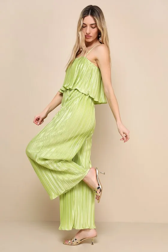 Fun Flirt Lime Green Satin Plisse Sleeveless Jumpsuit sold by Lulus