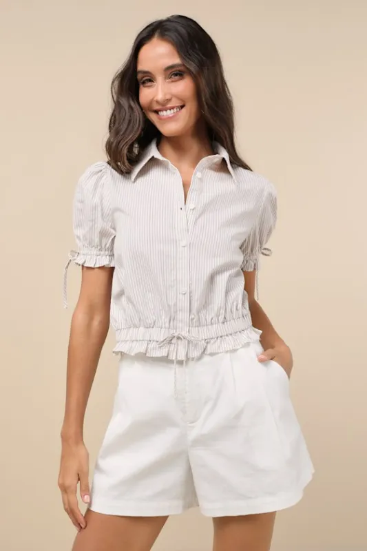 Poised Approach Ivory and Brown Striped Puff Sleeve Collared Top sold by Lulus