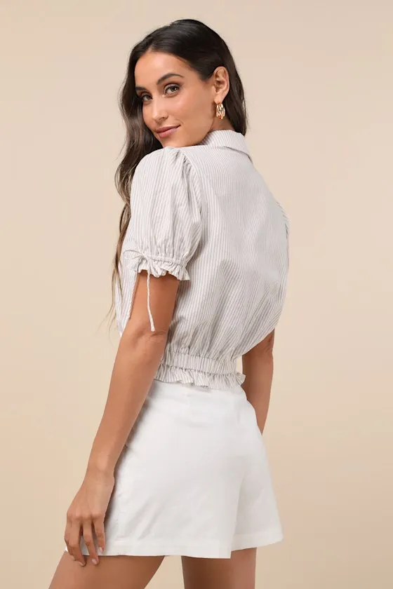 Poised Approach Ivory and Brown Striped Puff Sleeve Collared Top sold by Lulus product image thumbnail 2