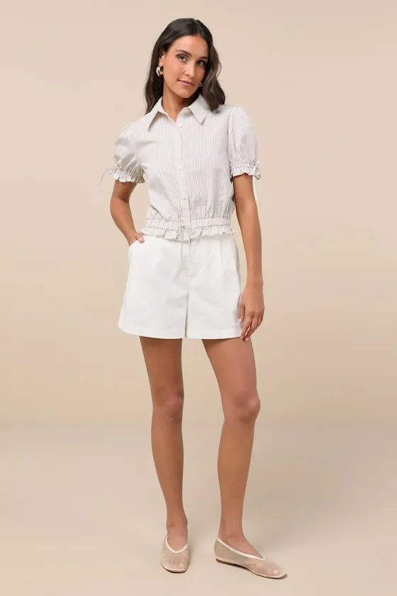 Poised Approach Ivory and Brown Striped Puff Sleeve Collared Top sold by Lulus product image thumbnail 3