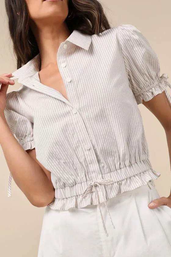 Poised Approach Ivory and Brown Striped Puff Sleeve Collared Top sold by Lulus product image thumbnail 4