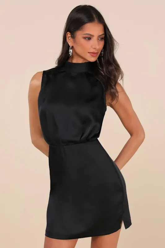 Classic Elegance Black Satin Sleeveless Mock Neck Mini Dress sold by Lulus