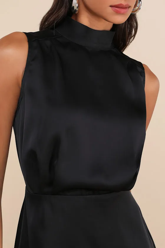 Classic Elegance Black Satin Sleeveless Mock Neck Mini Dress sold by Lulus product image thumbnail 4