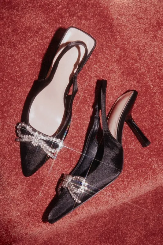 Catrin Black Satin Rhinestone Bow Pointed-Toe Mule Pumps sold by Lulus