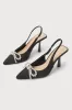 Catrin Black Satin Rhinestone Bow Pointed-Toe Mule Pumps sold by Lulus