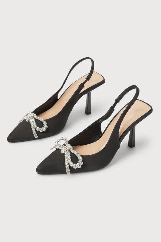 Catrin Black Satin Rhinestone Bow Pointed-Toe Mule Pumps sold by Lulus product image thumbnail 3