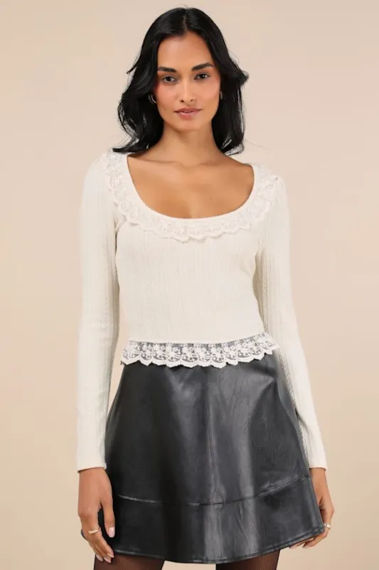 Coquette Appeal Cream Pointelle Lace Long Sleeve Top sold by Lulus