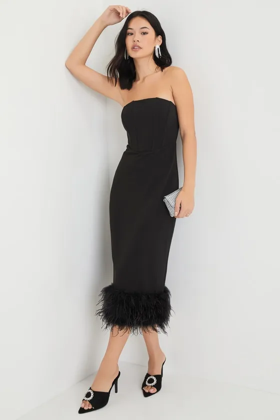 Fancy Behavior Black Bustier Strapless Feather Midi Dress sold by Lulus