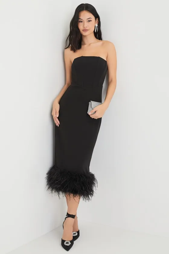 Fancy Behavior Black Bustier Strapless Feather Midi Dress sold by Lulus product image thumbnail 4
