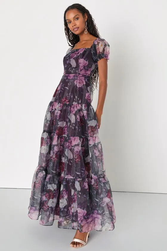 Delightful Expression Black Floral Organza Tiered Maxi Dress sold by Lulus
