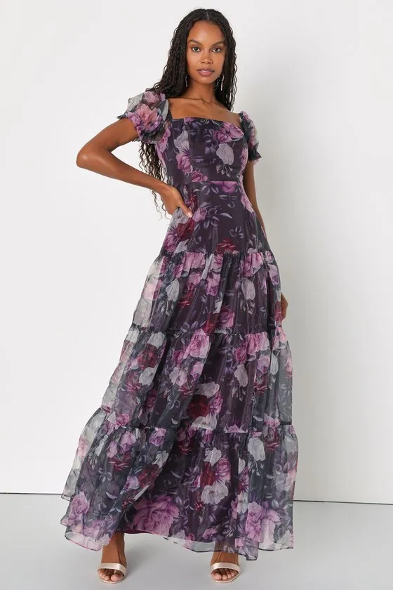 Delightful Expression Black Floral Organza Tiered Maxi Dress sold by Lulus product image thumbnail 3