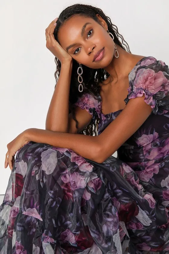 Delightful Expression Black Floral Organza Tiered Maxi Dress sold by Lulus product image thumbnail 4