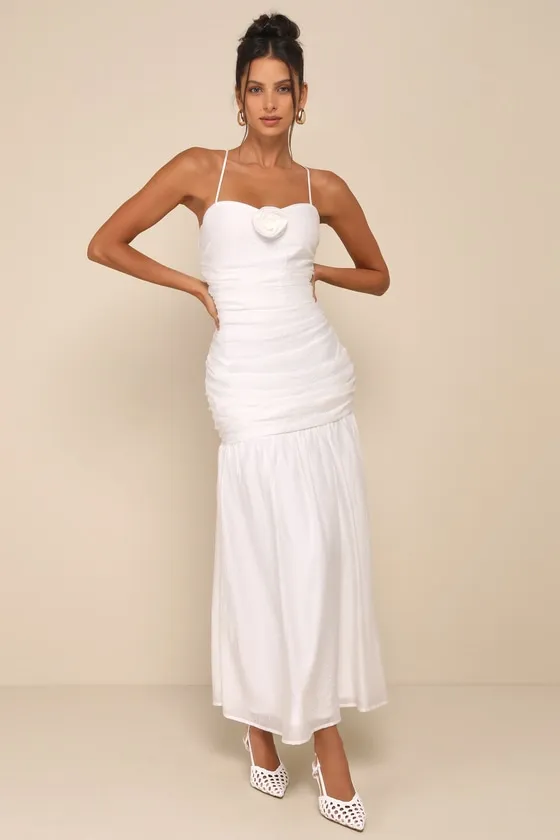 Dream Elegance White Ruched Rosette Drop Waist Maxi Dress sold by Lulus