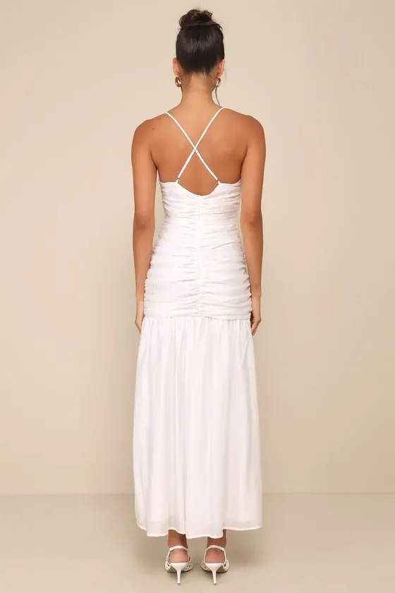 Dream Elegance White Ruched Rosette Drop Waist Maxi Dress sold by Lulus product image thumbnail 2
