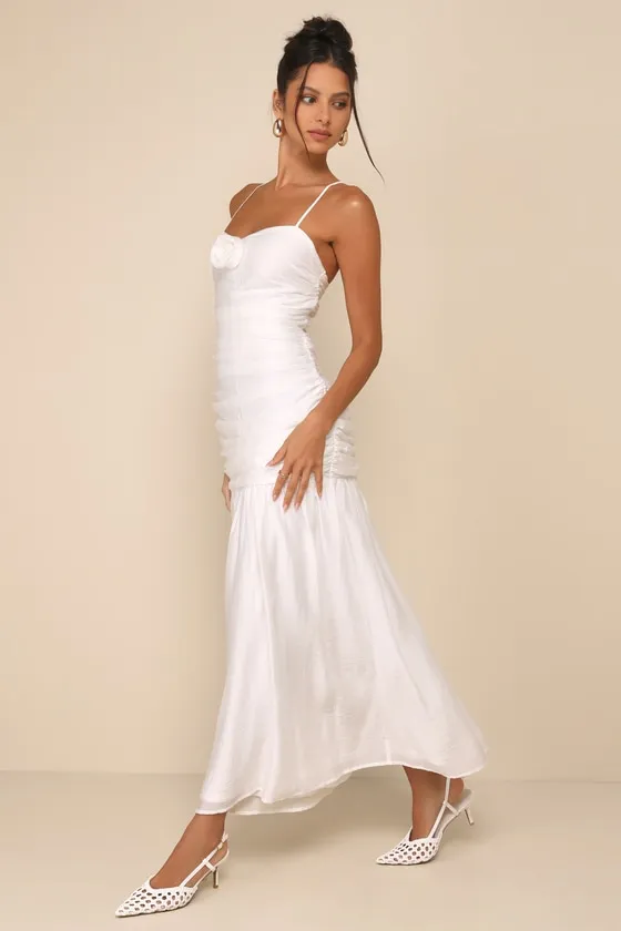 Dream Elegance White Ruched Rosette Drop Waist Maxi Dress sold by Lulus product image thumbnail 4