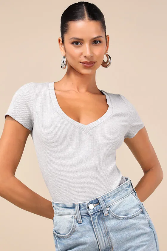 Versatile Pick Heather Grey Ribbed Knit Short Sleeve Bodysuit sold by Lulus