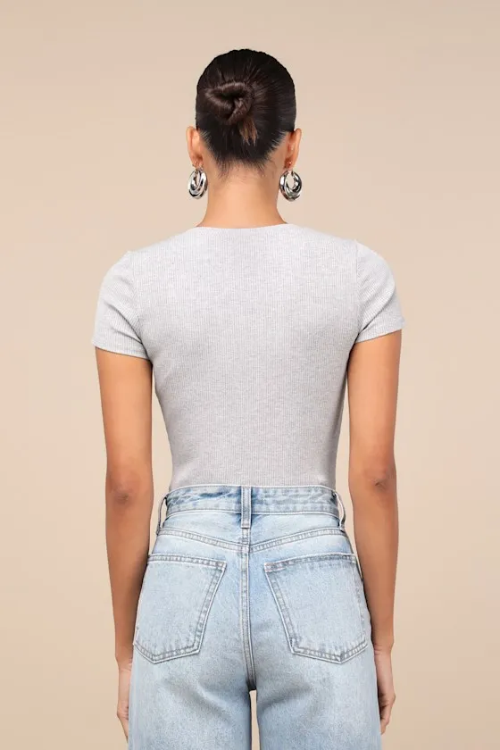 Versatile Pick Heather Grey Ribbed Knit Short Sleeve Bodysuit sold by Lulus product image thumbnail 3