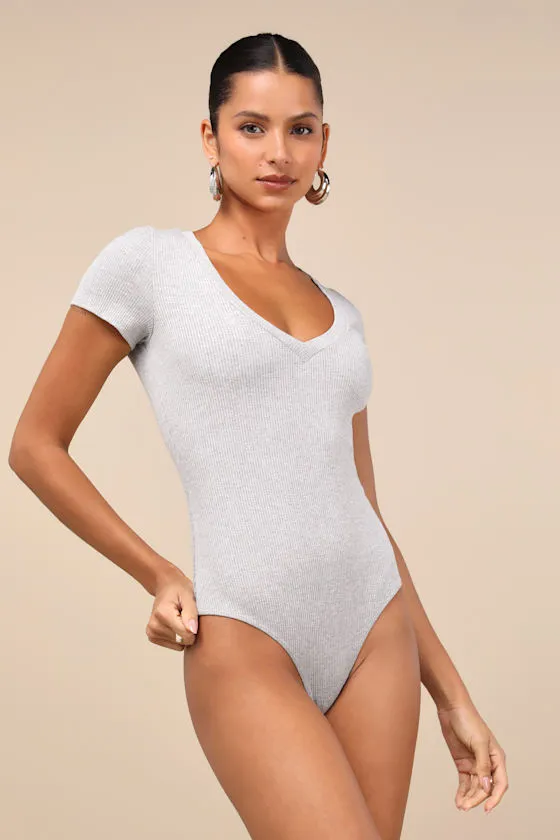 Versatile Pick Heather Grey Ribbed Knit Short Sleeve Bodysuit sold by Lulus product image thumbnail 4