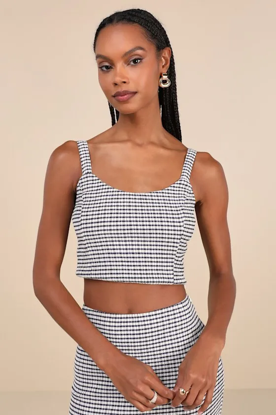 Classic Choice Navy Blue Gingham Square Neck Cropped Tank Top sold by Lulus