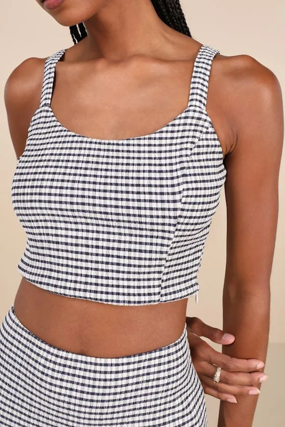 Classic Choice Navy Blue Gingham Square Neck Cropped Tank Top sold by Lulus product image thumbnail 4