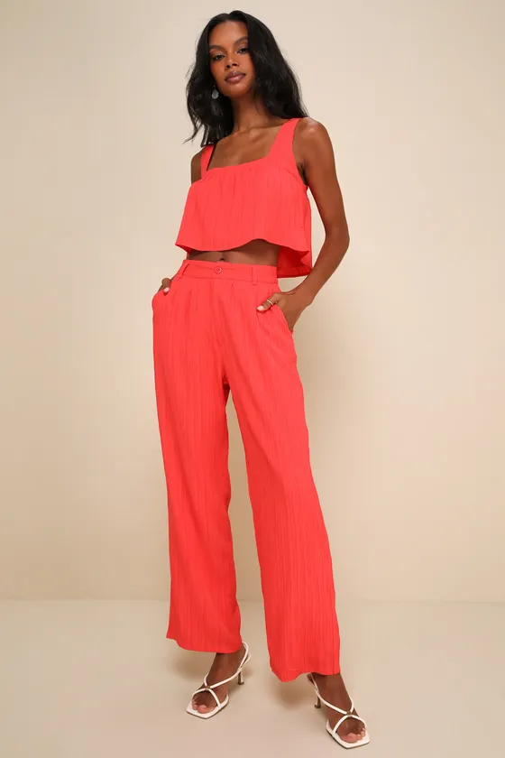Coolest Allure Coral Red Textured High-Rise Wide-Leg Pants sold by Lulus