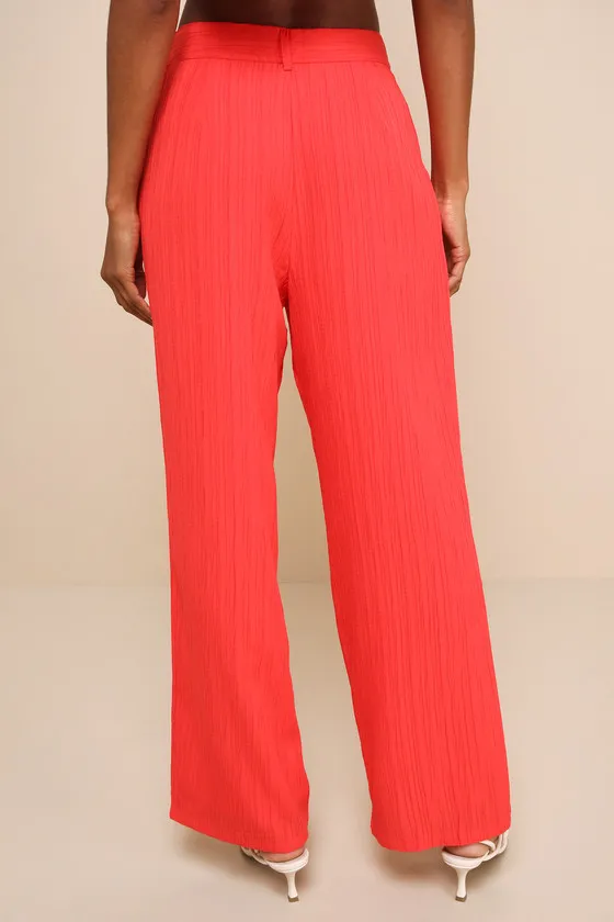 Coolest Allure Coral Red Textured High-Rise Wide-Leg Pants sold by Lulus product image thumbnail 3