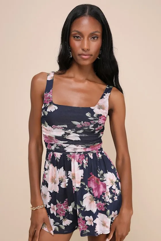 Truly Flirty Navy Blue Floral Mesh Ruched Romper sold by Lulus