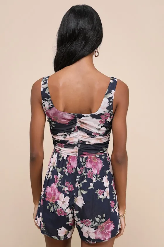Truly Flirty Navy Blue Floral Mesh Ruched Romper sold by Lulus product image thumbnail 3